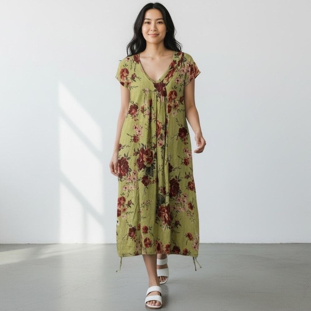 Etienne Marcel Linen Dress 42 US 12 Green Floral Shift Belted Cap Sleeve